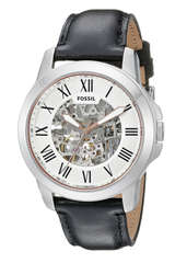 Fossil Grant Automatic Skeleton White Dial Black Leather Strap Watch for Men - ME3101 Watches Fossil   