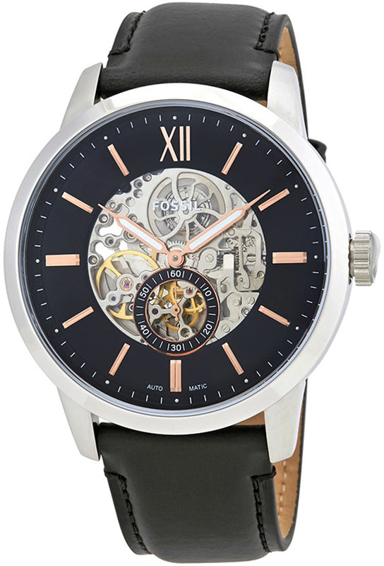 Fossil Townsman Skeleton Black Dial Black Leather Strap Watch for Men - ME3153 Watches Fossil   