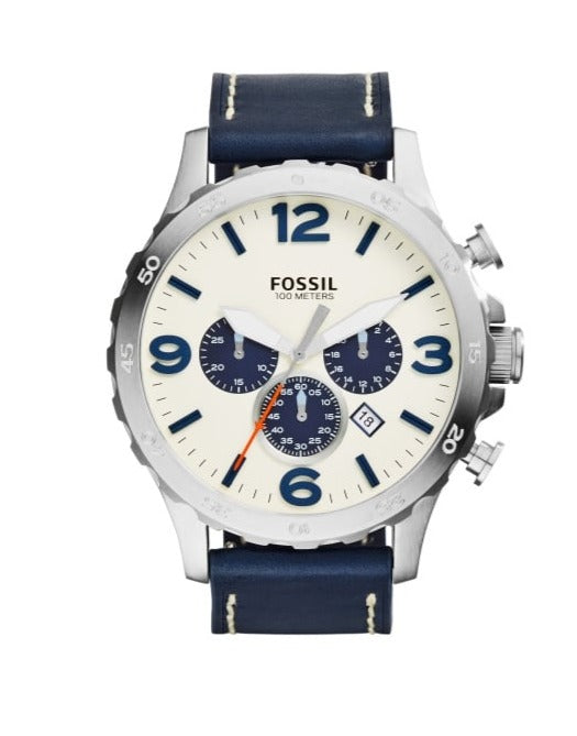 Fossil Nate Chronograph White Dial Blue Leather Strap Watch for Men - JR1480 Watches Fossil   