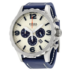 Fossil Nate Chronograph White Dial Blue Leather Strap Watch for Men - JR1480 Watches Fossil   