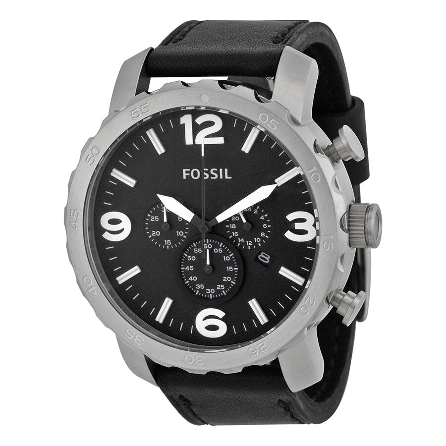 Fossil Nate Chronograph Black Dial Black Leather Strap Watch for Men - JR1436 Watches Fossil   