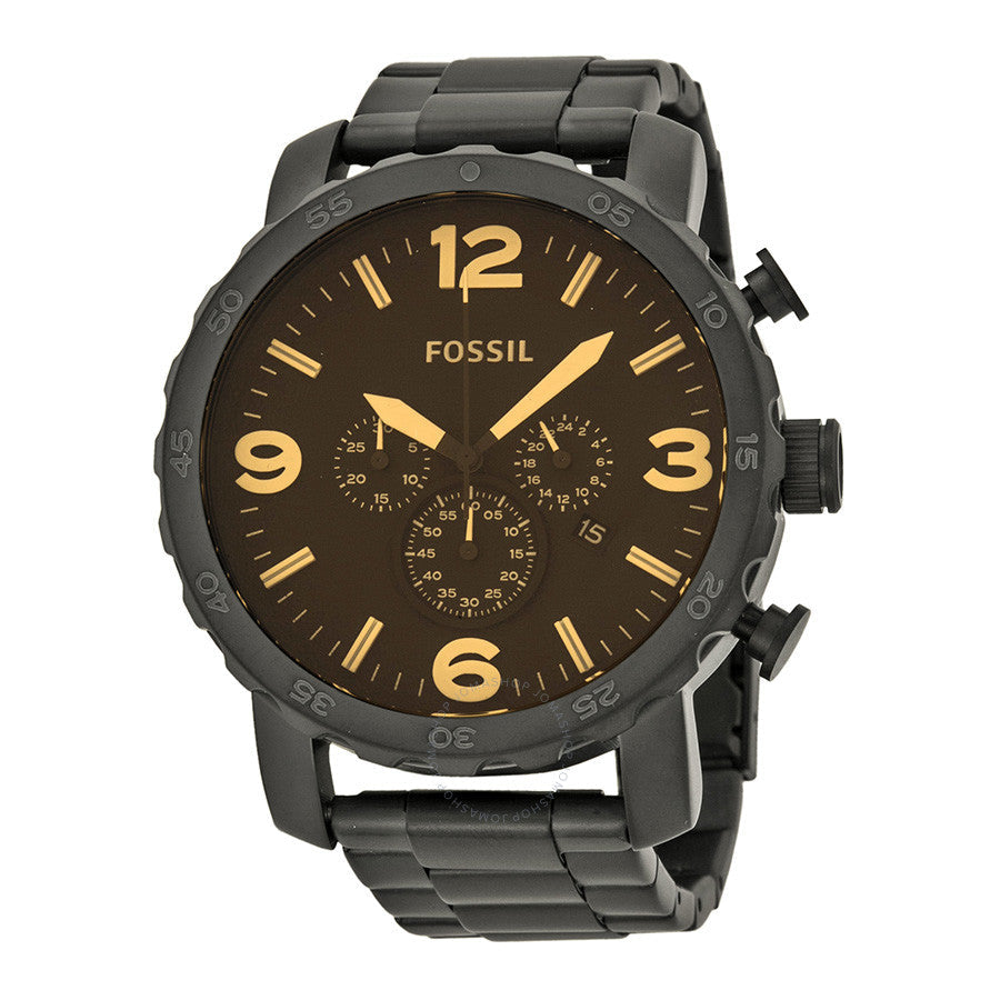 Fossil Nate Chrongraph Black Ion Plated Black Dial Black Steel Strap Watch for Men - JR1356 Watches Fossil   