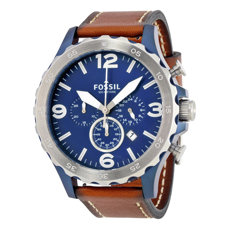 Fossil Nate Chronograph Navy Blue Dial Brown Leather Strap Watch for Men - JR1504 Watches Fossil   