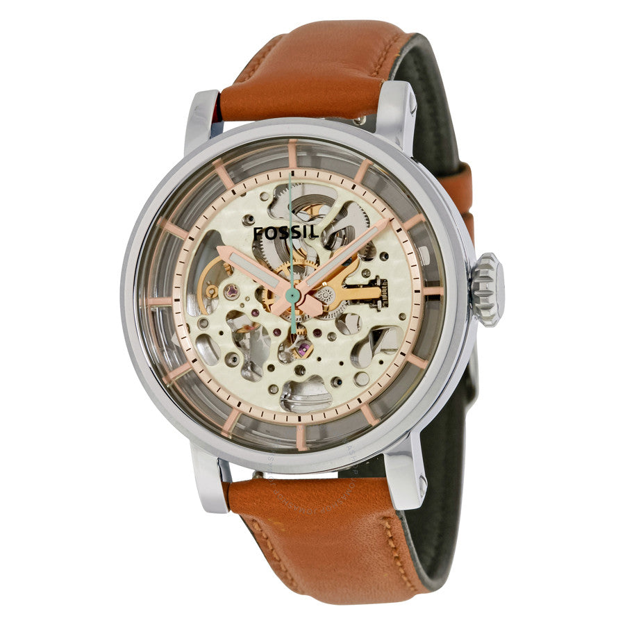 Fossil Boyfriend Automatic Skeleton Silver Dial Brown Leather Strap Watch for Women - ME3109 Watches Fossil   
