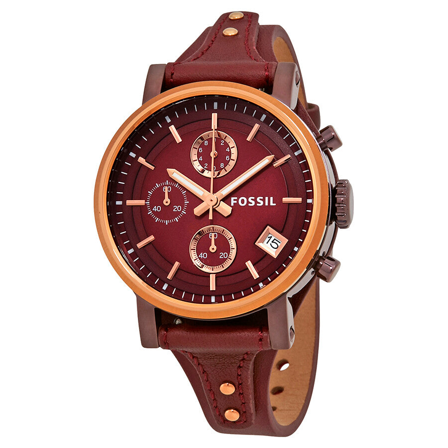 Fossil Original Boyfriend Sport Chronograph Maroon Dial Maroon Leather Strap Watch for Women - ES4114 Watches Fossil   