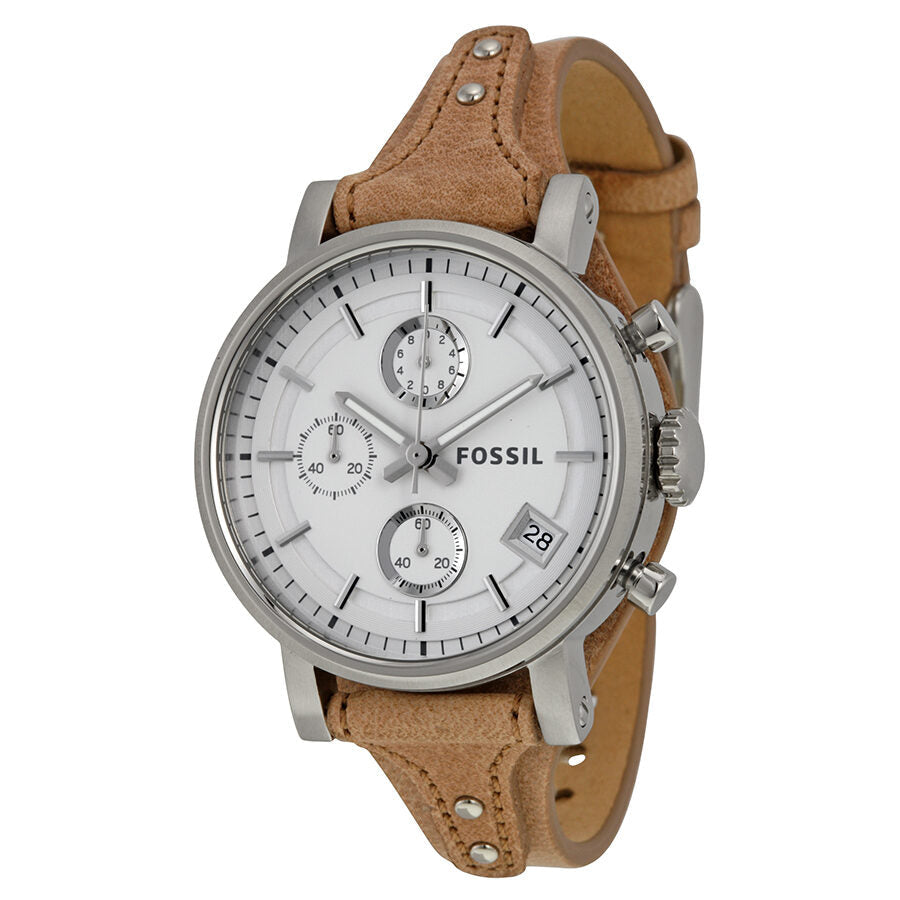 Fossil Boyfriend Chronograph White Dial Brown Leather Strap Watch for Women - ES3625 Watches Fossil   