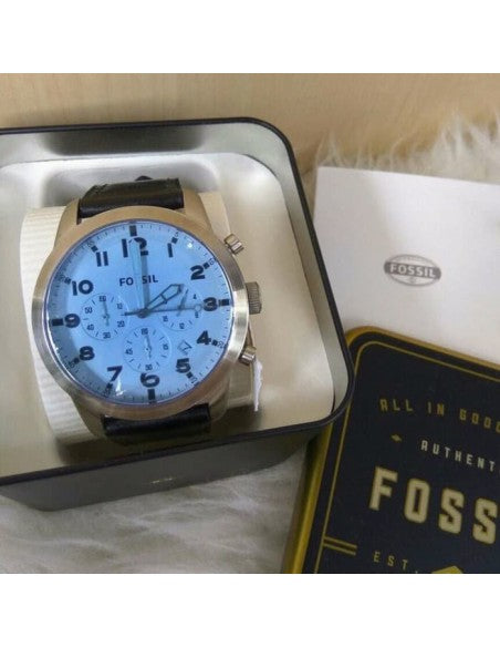 Fossil Pilot Chronograph Sky Blue Dial Black Leather Strap Watch for Men - FS5162 Watches Fossil   