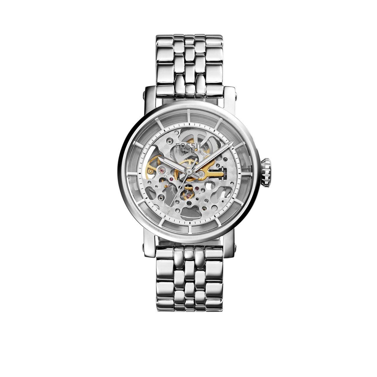 Fossil Boyfriend Automatic Skeleton Silver Dial Silver Steel Strap Watch for Women - ME3067 Watches Fossil   