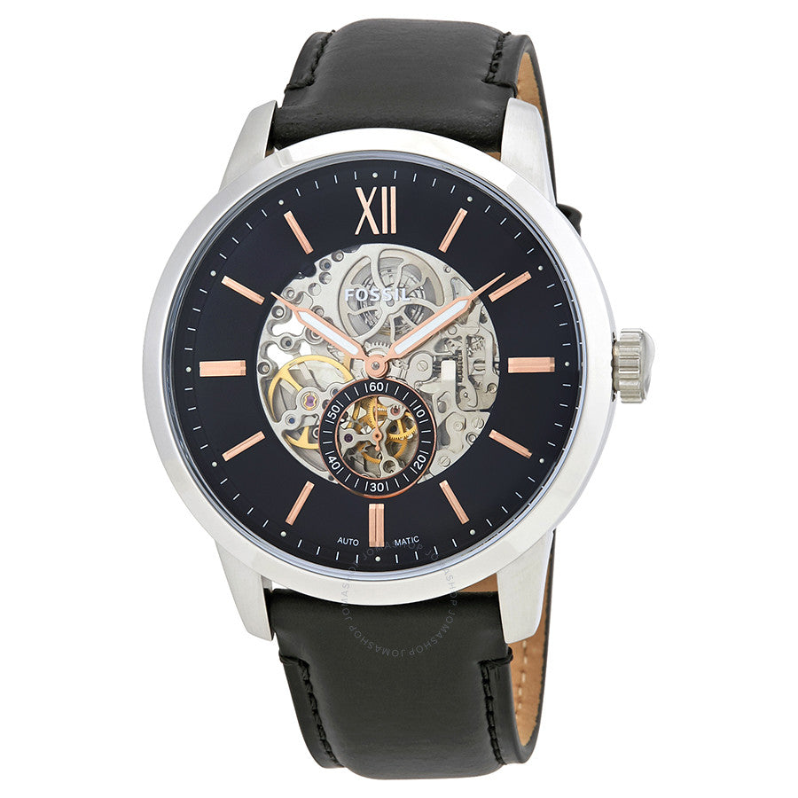 Fossil Townsman Skeleton Black Dial Black Leather Strap Watch for Men - ME3153 Watches Fossil   