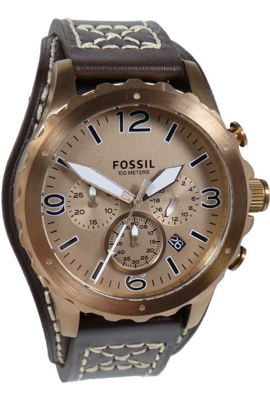 Fossil Nate Chronograph Gold Dial Brown Leather Strap Watch for Men - JR1495 Watches Fossil   