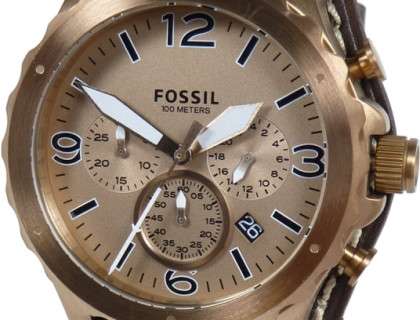 Fossil Nate Chronograph Gold Dial Brown Leather Strap Watch for Men - JR1495 Watches Fossil   