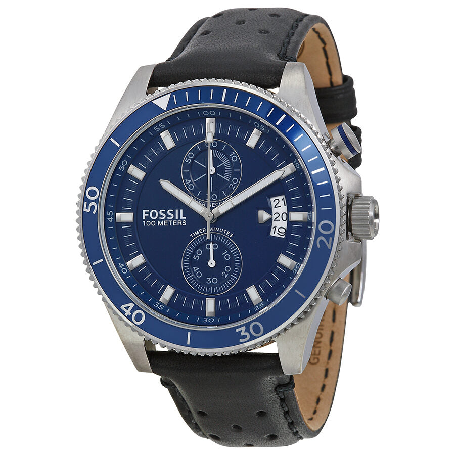 Fossil Wakefield Chronograph Blue Dial Black Leather Strap Watch for Women - CH2945 Watches Fossil   