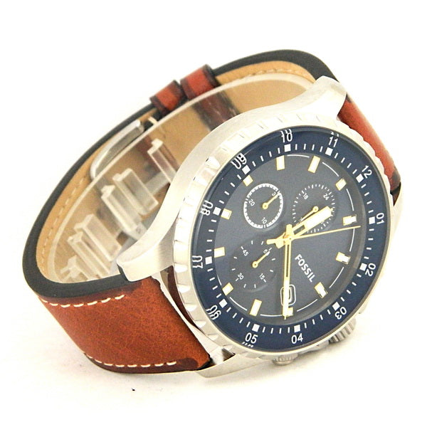 Fossil Dillinger Luggage Chronograph Blue Dial Brown Leather Strap Watch for Men - FS5675 Watches Fossil   