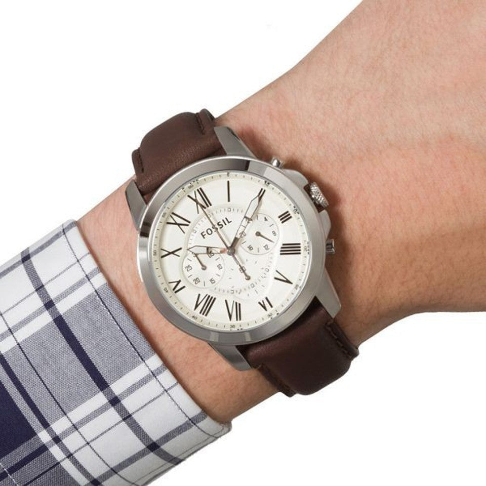 Fossil Grant Chronograph Beige Dial Brown Leather Strap Watch for Men - FS4735 Watches Fossil   