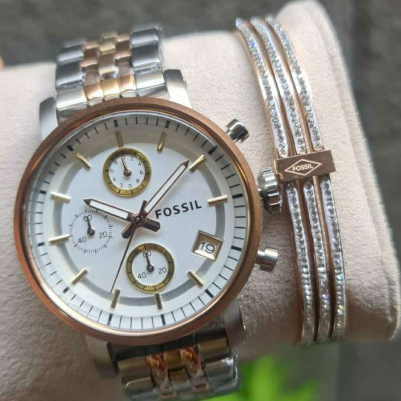 Fossil Boyfriend Chronograph White Dial Two Tone Steel Strap Watch for Women - ES3840 Watches Fossil   