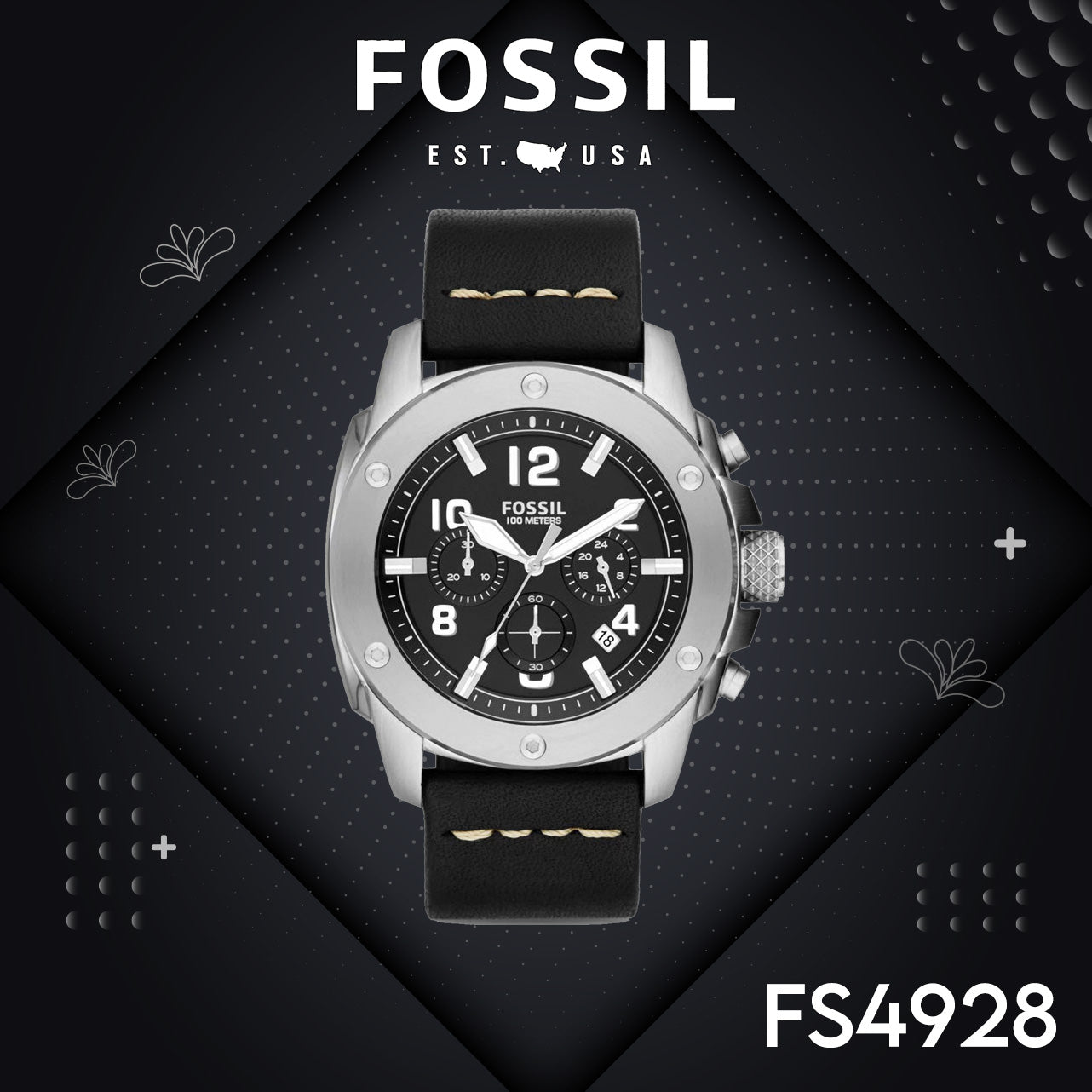 Fossil Modern Machine Chronograph Black Dial Black Leather Strap Watch for Men - FS4928 Watches Fossil   