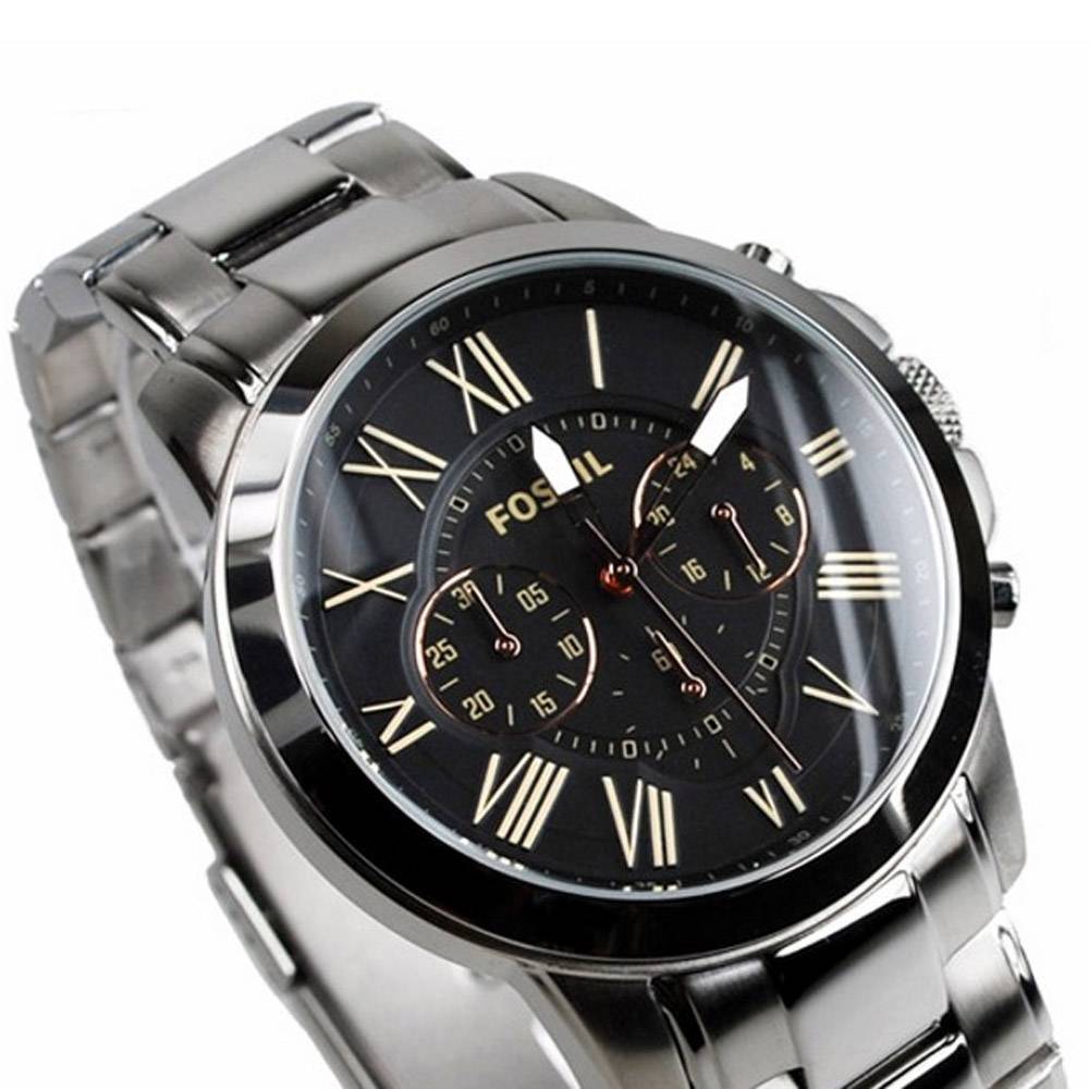 Fossil Grant Chronograph Black Dial Silver Steel Strap Watch for Men - FS4994 Watches Fossil   