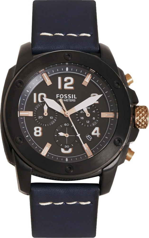 Fossil Modern Machine Chronograph Black Dial Blue Leather Strap Watch for Men - FS5066 Watches Fossil   