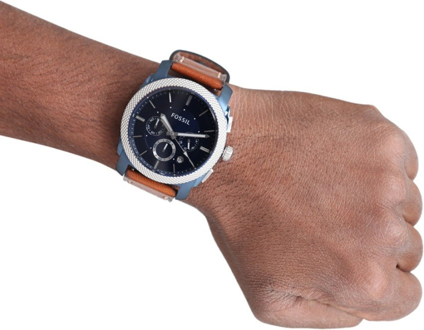 Fossil Machine Chronograph Blue Dial Brown Leather Strap Watch for Men - FS5232 Watches Fossil   