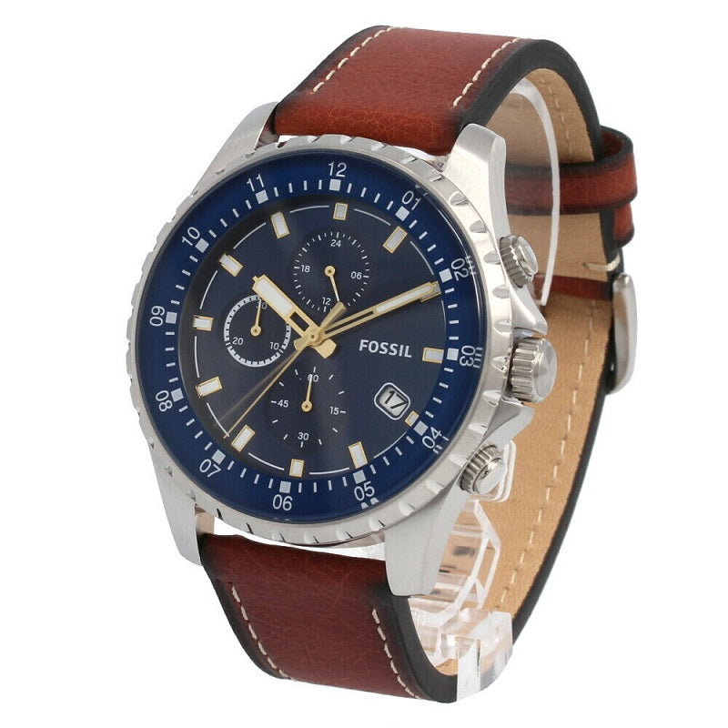 Fossil Dillinger Luggage Chronograph Blue Dial Brown Leather Strap Watch for Men - FS5675 Watches Fossil   