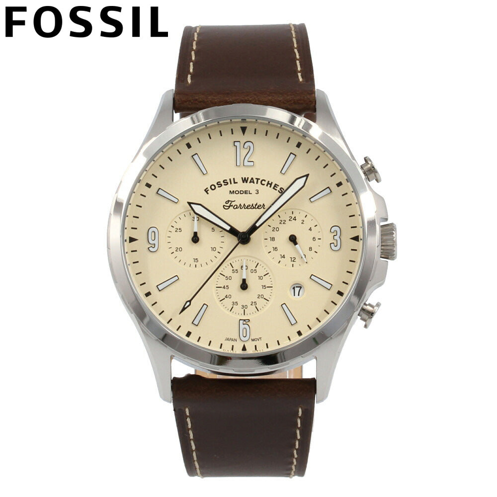 Fossil Forrester Chronograph Cream Dial Brown Leather Strap Watch for Men - FS5696 Watches Fossil   