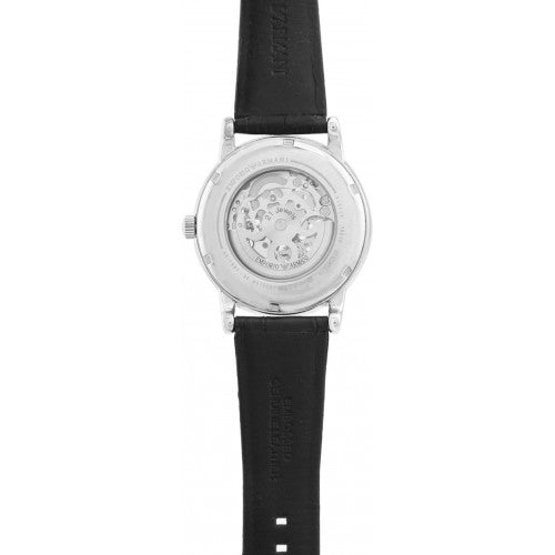 Emporio Armani Meccanico Silver Skeleton Dial Black Leather Watch For Men - AR1997 Watches Emporio Armani   