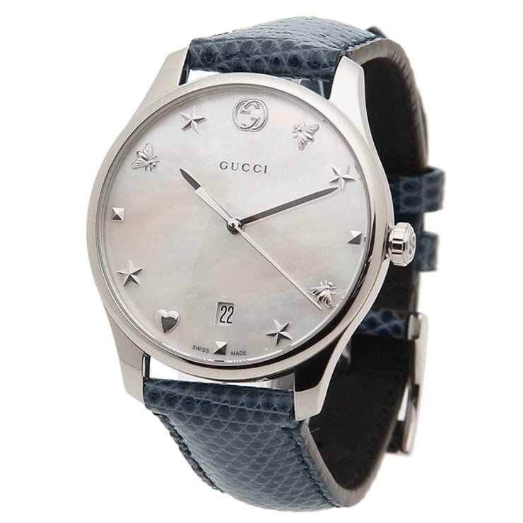 Gucci G-Timeless Signature Mother of Pearl Silver Dial Blue Leather Strap Watch For Women - YA1264049 Watches Gucci   