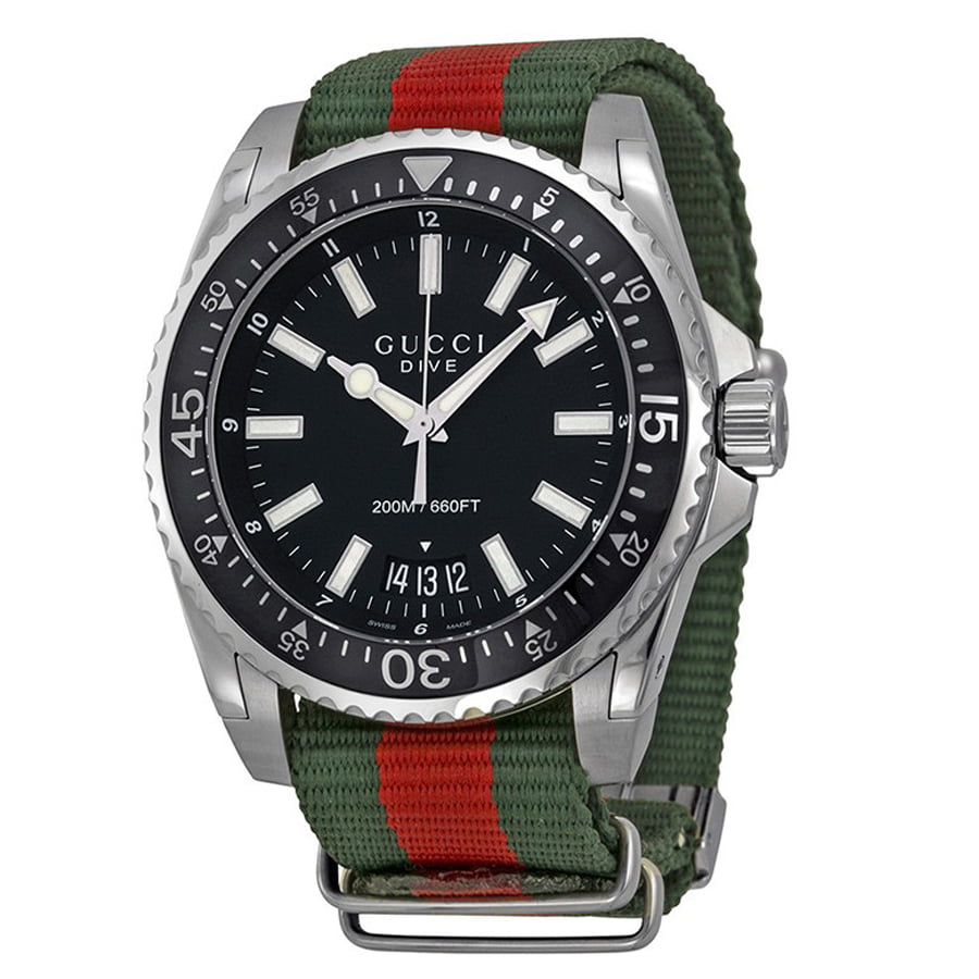 Gucci Dive Black Dial Green & Red Nylon Strap Watch For Men - YA136206 Watches Gucci   