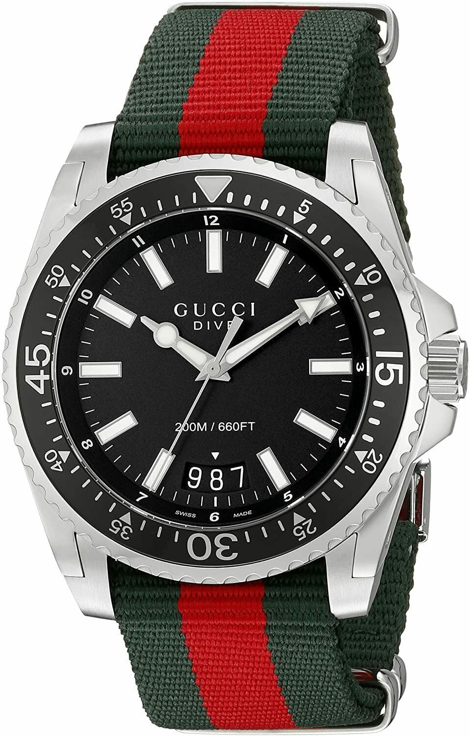 Gucci Dive Black Dial Green & Red Nylon Strap Watch For Men - YA136206 Watches Gucci   