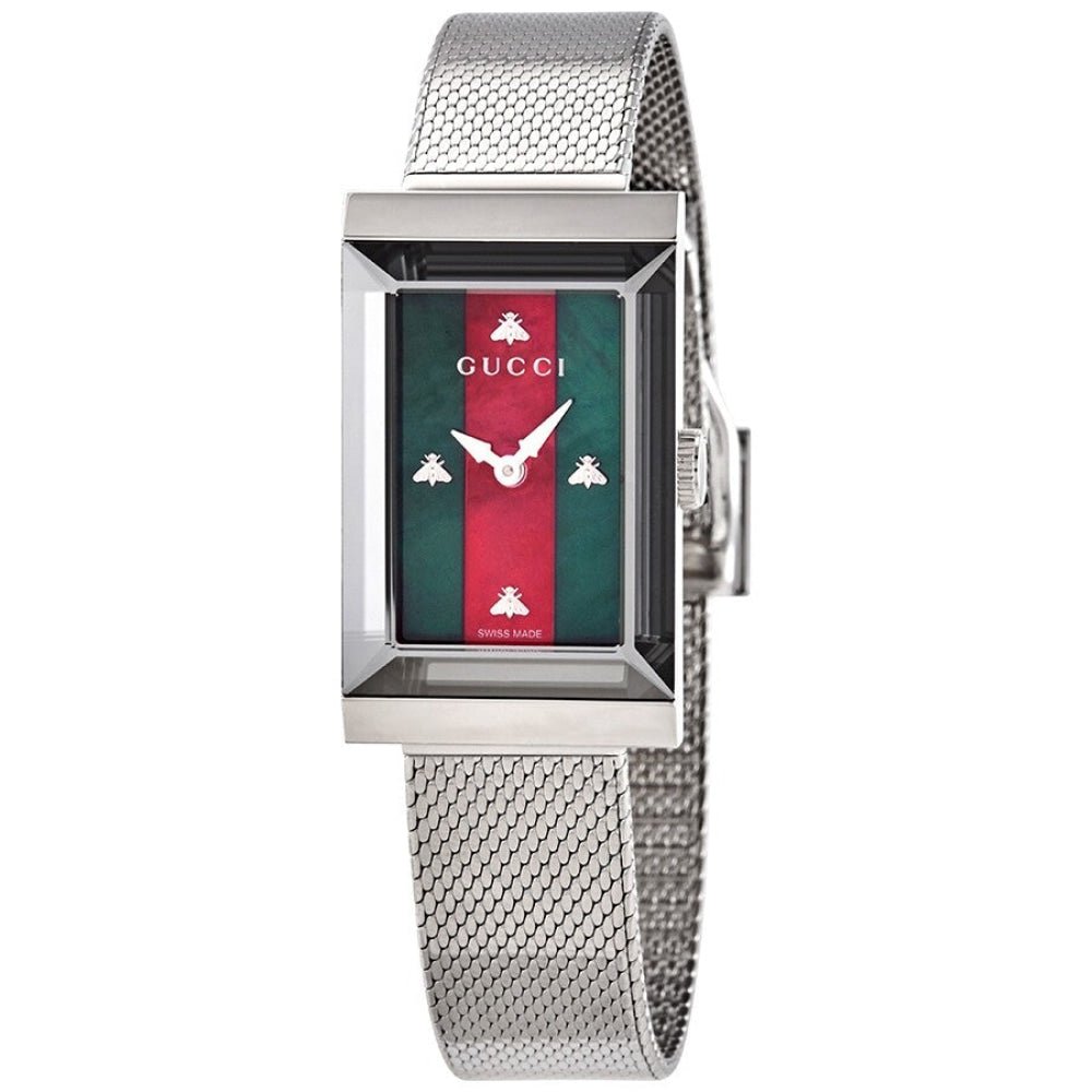 Gucci G Frame Red and Green Dial Silver Mesh Bracelet Watch For Women - YA147401 Watches Gucci   