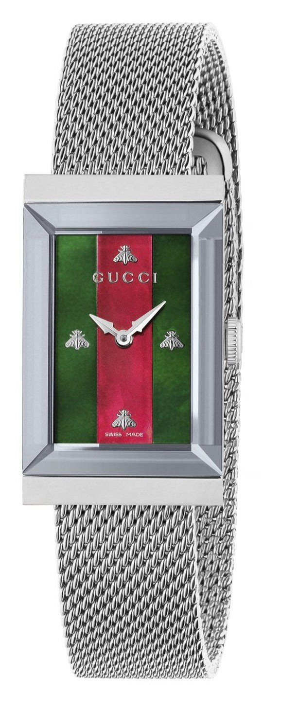 Gucci G Frame Red and Green Dial Silver Mesh Bracelet Watch For Women - YA147401 Watches Gucci   