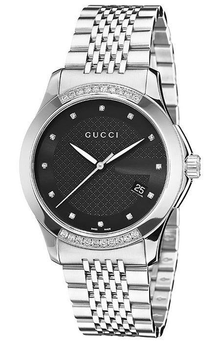 Gucci G Timeless Diamond Black Dial Silver Steel Strap Watch For Women - YA126408 Watches Gucci   