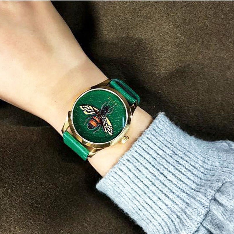 Gucci G Timeless Bee Green Dial Green Leather Strap Watch For Women - YA1264065 Watches Gucci   