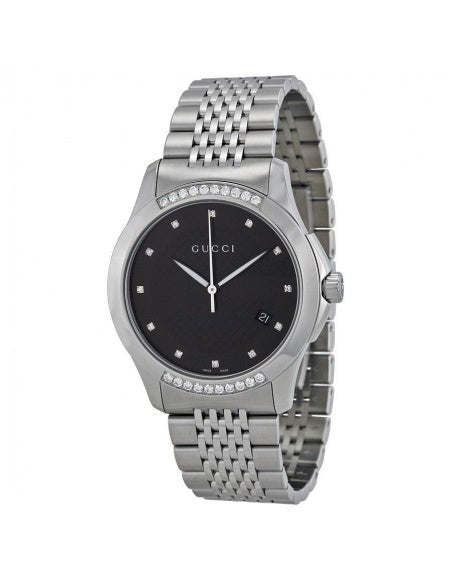 Gucci G Timeless Diamond Black Dial Silver Steel Strap Watch For Women - YA126408 Watches Gucci   