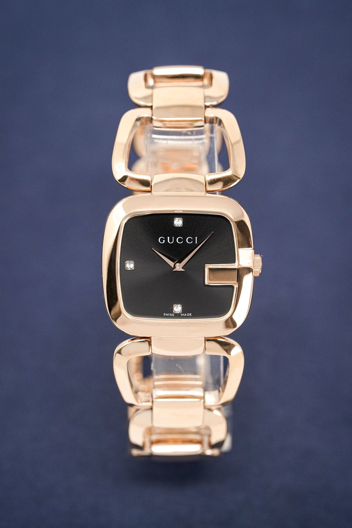 Gucci G Gucci Black Dial Rose Gold Steel Strap Watch For Women - YA125409 Watches Gucci   