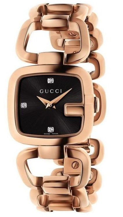 Gucci G Ladies Diamonds Black Dial Rose Gold Steel Strap Watch For Women - YA125512 Watches Gucci   