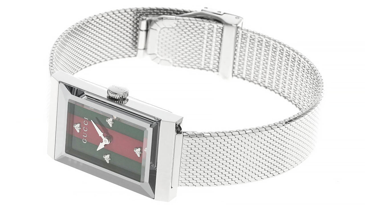 Gucci G Frame Red and Green Dial Silver Mesh Bracelet Watch For Women - YA147401 Watches Gucci   