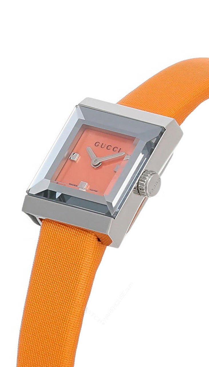 Gucci G-Frame Square Mother of Pearl Orange Dial Orange Leather Strap Watch For Women - YA128532 Watches Gucci   