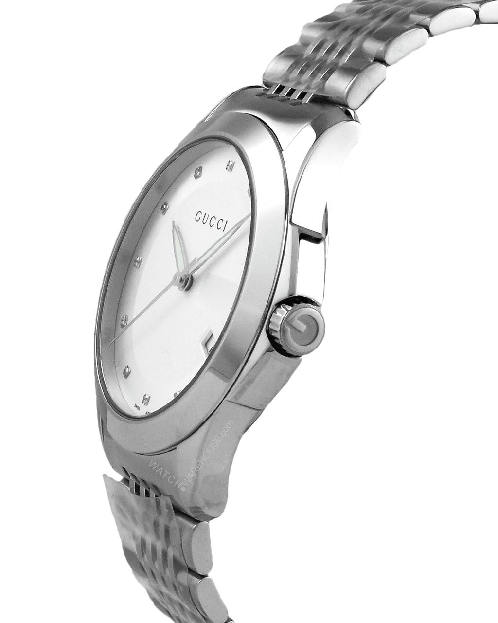 Gucci G Timeless Diamonds Silver Dial Silver Steel Strap Watch For Men - YA126404 Watches Gucci   