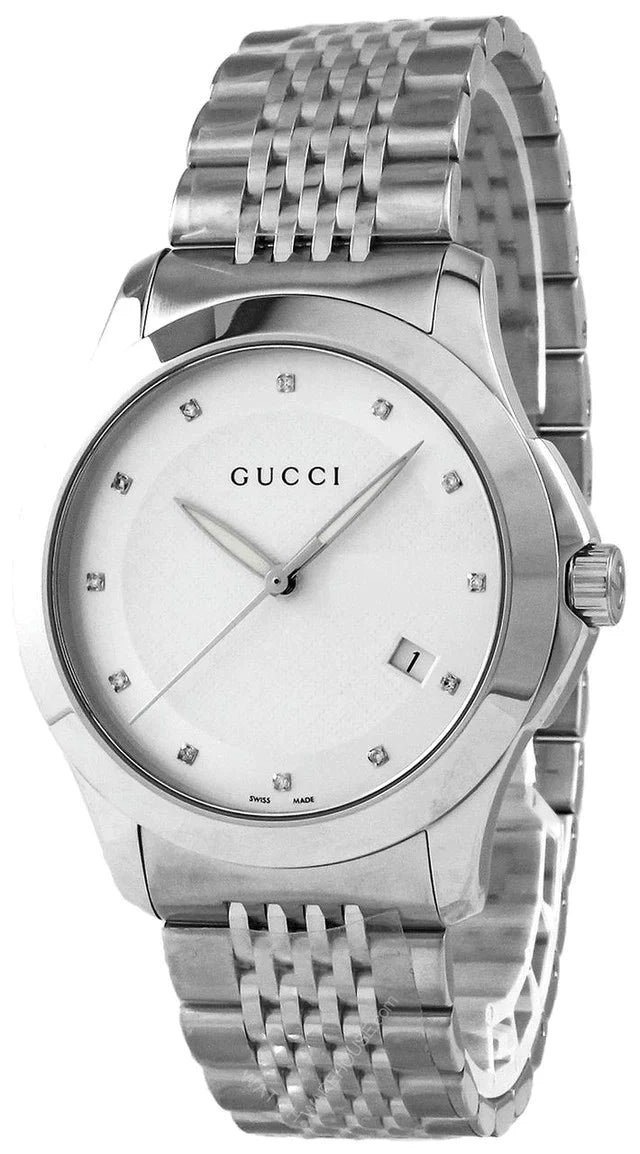 Gucci G Timeless Diamonds Silver Dial Silver Steel Strap Watch For Men - YA126404 Watches Gucci   