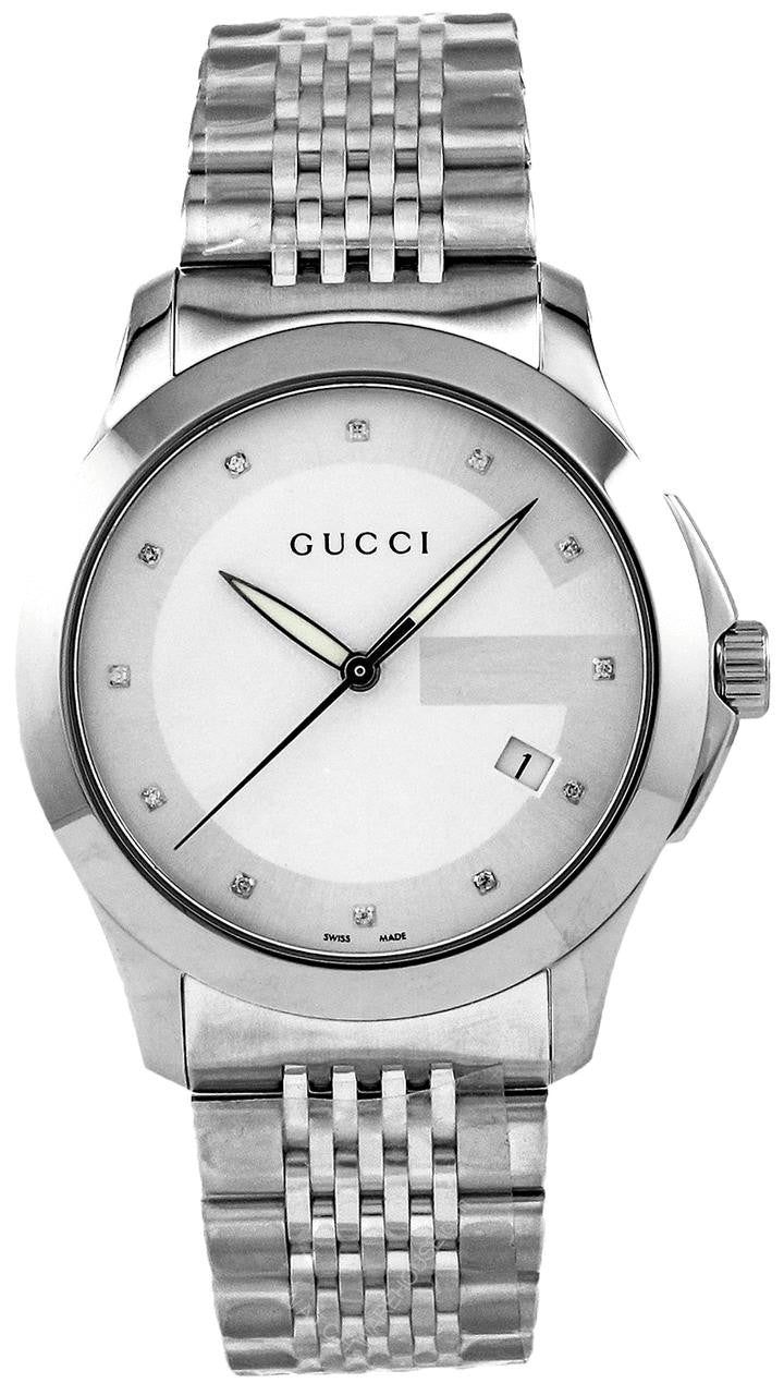 Gucci G Timeless Diamonds Silver Dial Silver Steel Strap Watch For Men - YA126404 Watches Gucci   