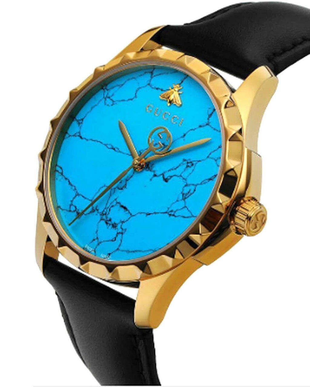 Gucci G Timeless Turquoise Blue Dial Black Leather Strap Watch For Men - YA126462 Watches Gucci   