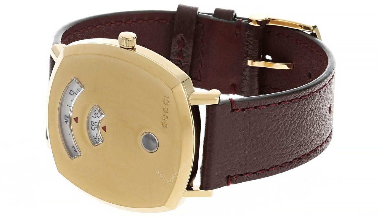 Gucci Grip Yellow Gold Dial Maroon Leather Strap Unisex Watch - YA157411 Watches Gucci   