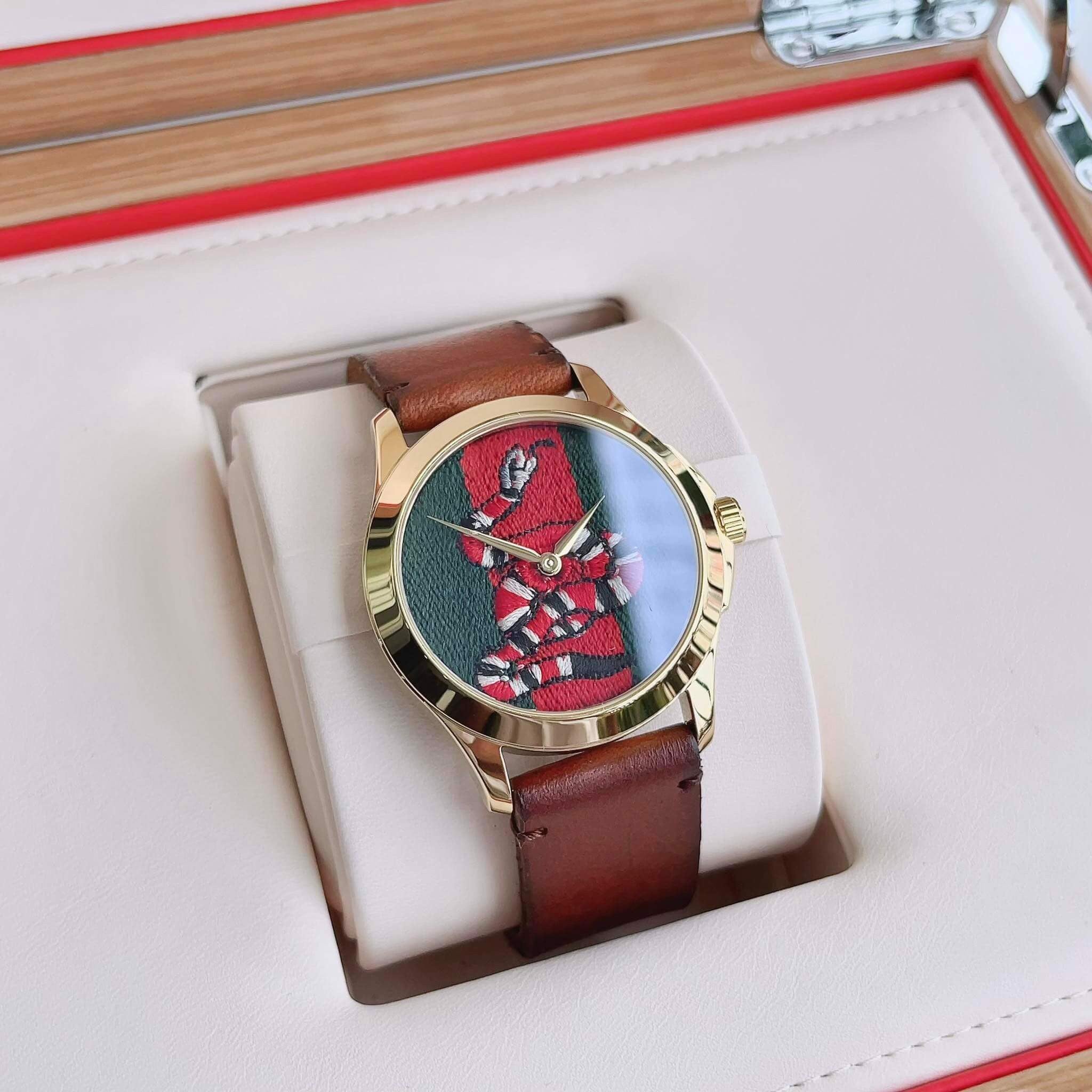 Gucci Le Marche Des Merveilles Green and Red Dial Brown Leather Strap Unisex Watch - YA1264012 Watches Gucci   