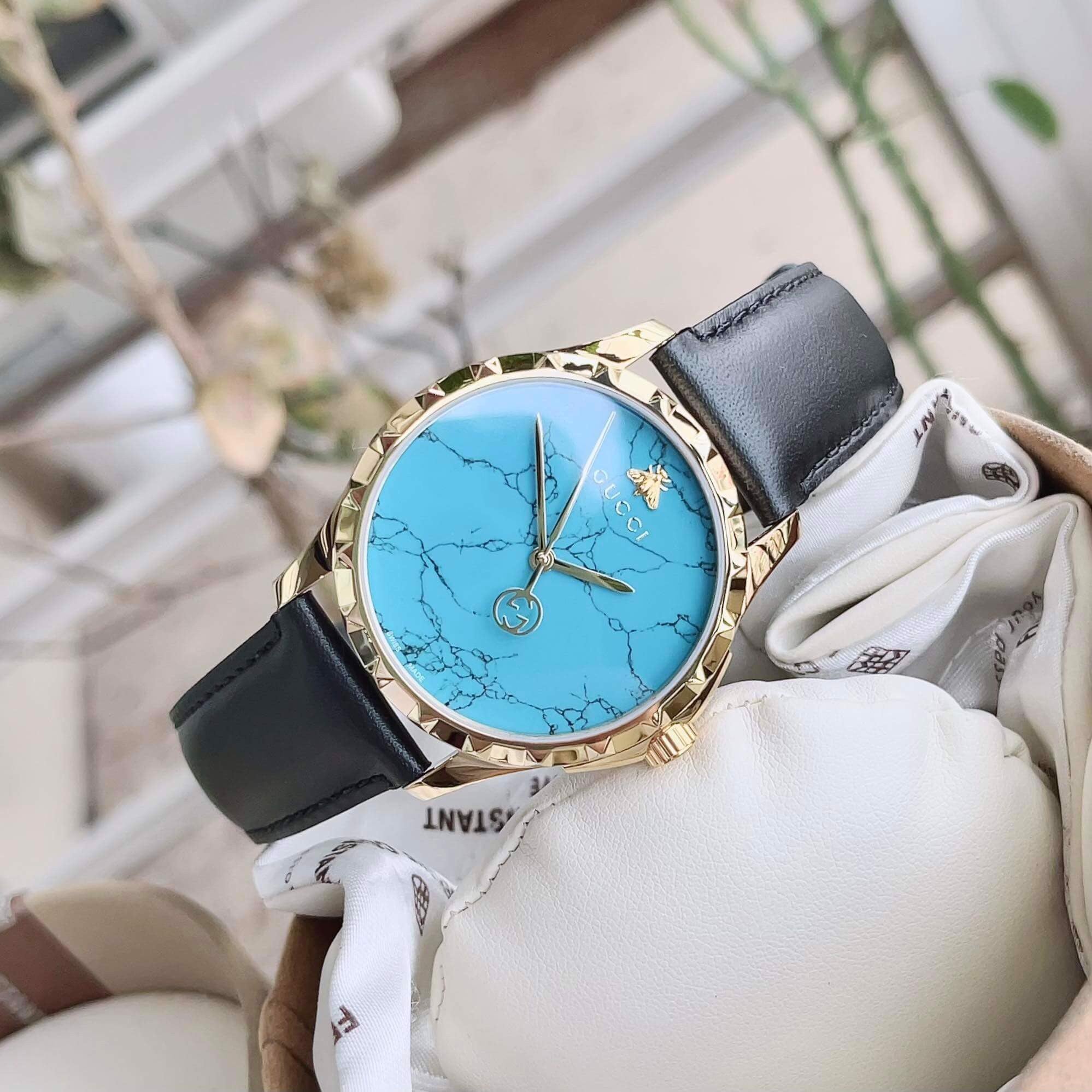 Gucci G Timeless Turquoise Blue Dial Black Leather Strap Watch For Men - YA126462 Watches Gucci   