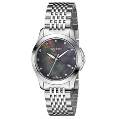 Gucci G Timeless Diamond Mother of Pearl Black Dial Silver Steel Strap Watch For Women - YA126505 Watches Gucci   