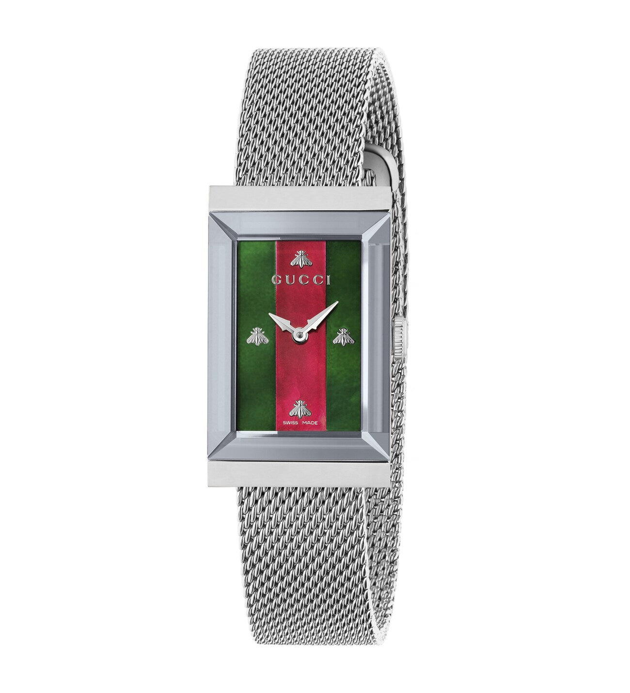 Gucci G Frame Red and Green Dial Silver Mesh Bracelet Watch For Women - YA147401 Watches Gucci   