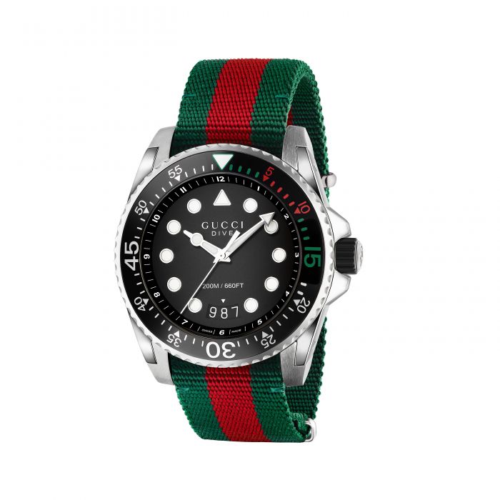 Gucci Dive Black Dial Red & Green Nylon Strap Watch For Men - YA136209 Watches Gucci   