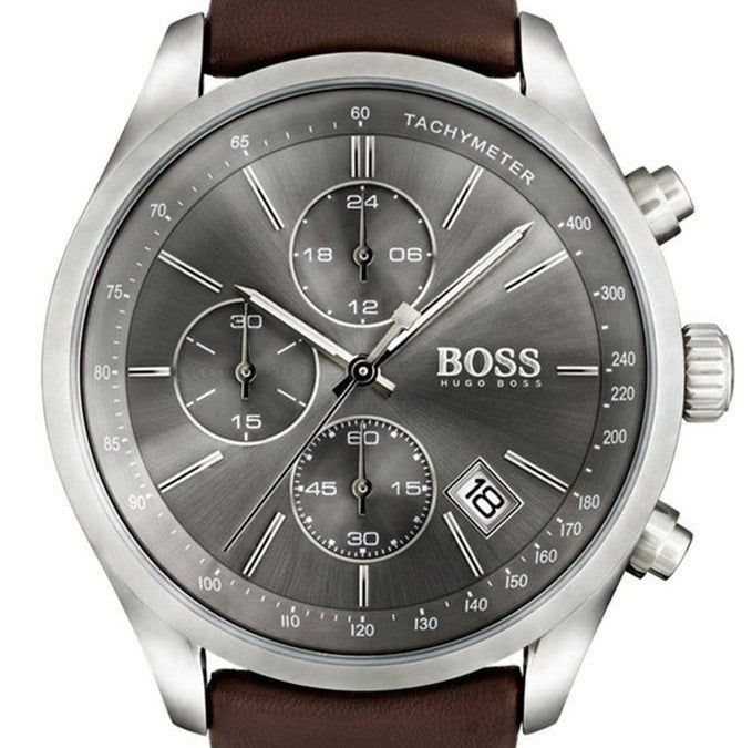 Hugo Boss Grand Prix Grey Dial Brown Leather Strap Watch for Men -  1513476 Watches Hugo Boss   