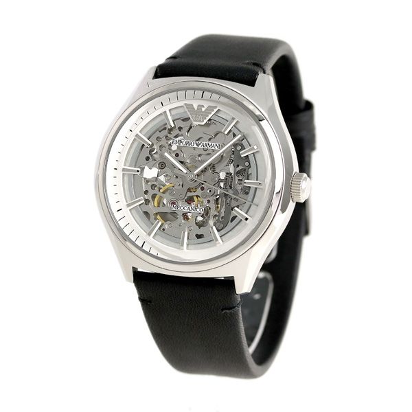 Emporio Armani Meccanico White Skeleton Dial Black Leather Strap Watch For Men - AR60003 Watches Emporio Armani   